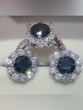 Black Moissanite Ring & Earrings Set Halo White Gold Plated Adjustable